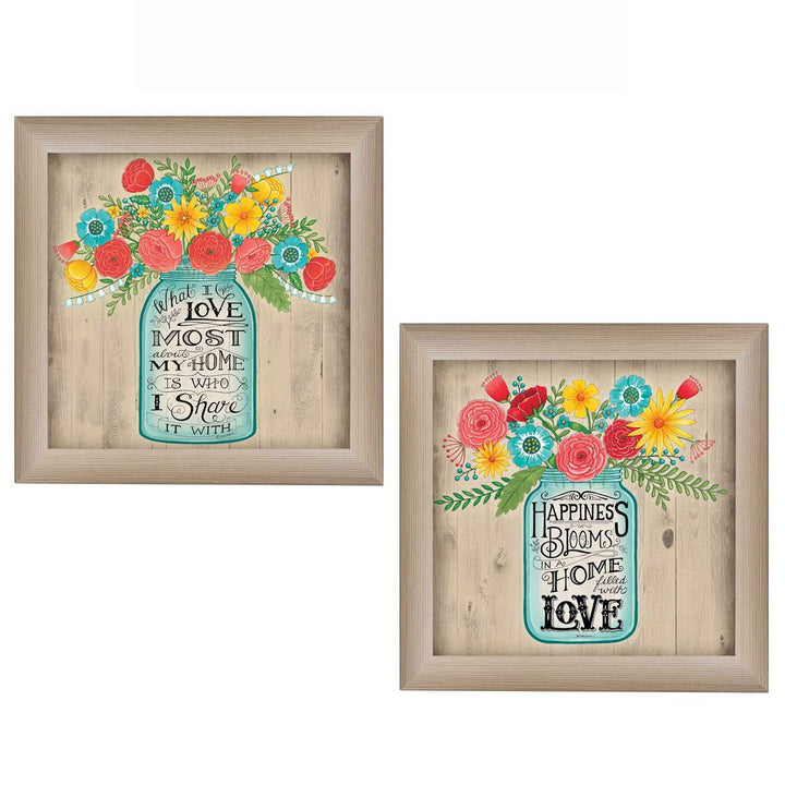 Set Of Two Mason Jar Floral Happiness at Home Brown Framed Print Wall Art