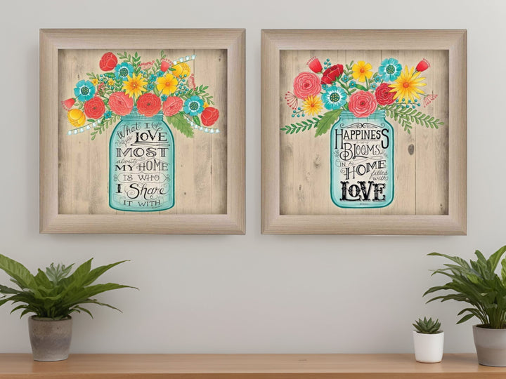 Set Of Two Mason Jar Floral Happiness at Home Brown Framed Print Wall Art