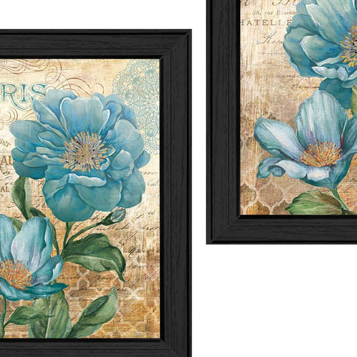 Set Of Two Paris Floral Postcard Black Framed Print Wall Art