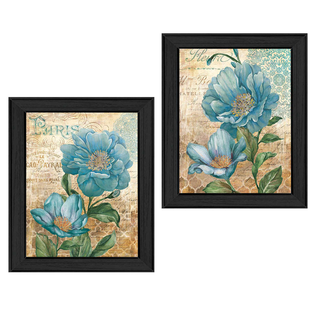 Set Of Two Paris Floral Postcard Black Framed Print Wall Art