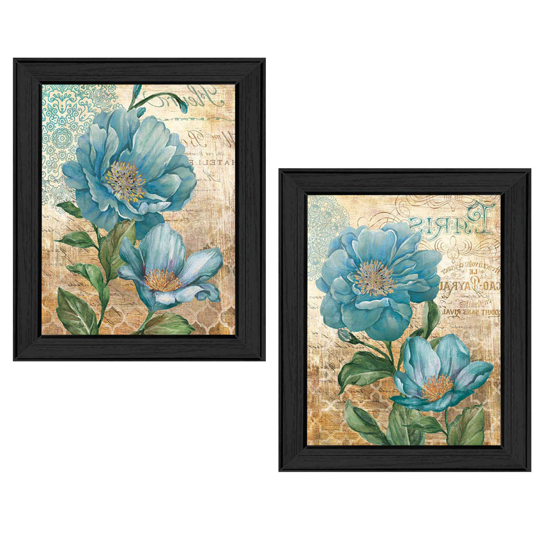 Set Of Two Paris Floral Postcard Black Framed Print Wall Art