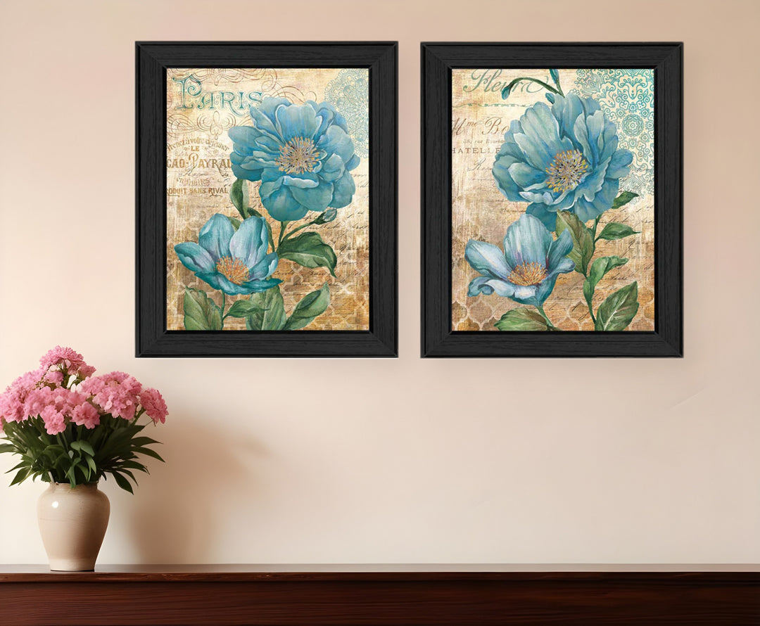 Set Of Two Paris Floral Postcard Black Framed Print Wall Art