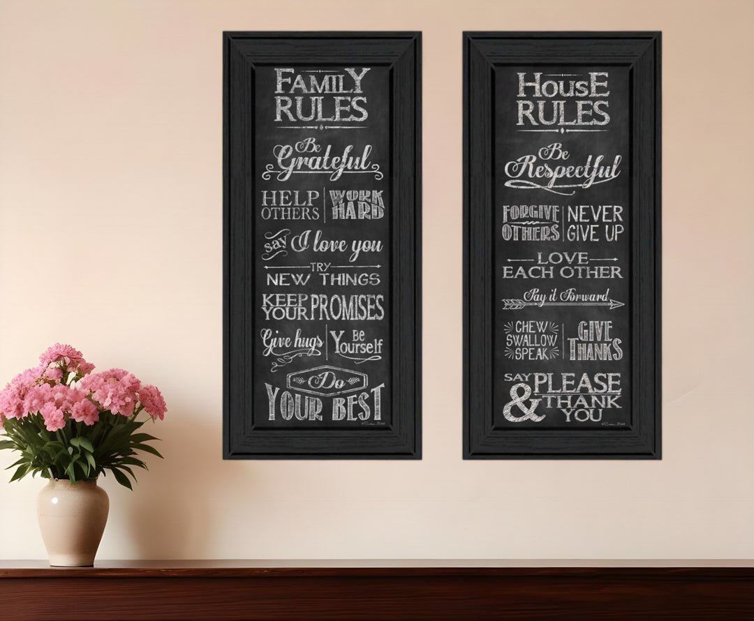 Set Of Two Family and House Rules Black Framed Print Wall Art