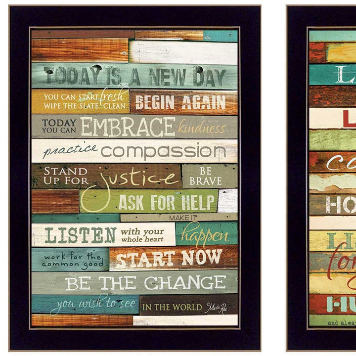 Set Of Two Today is a New Day Faux Wood Slat Black Framed Print Wall Art