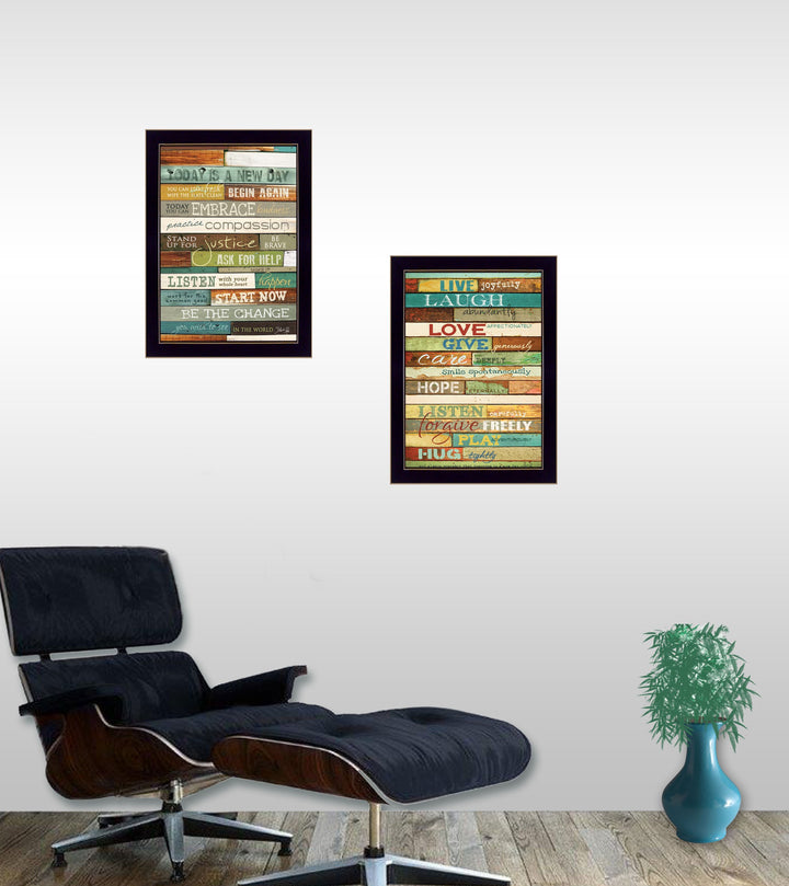 Set Of Two Today is a New Day Faux Wood Slat Black Framed Print Wall Art