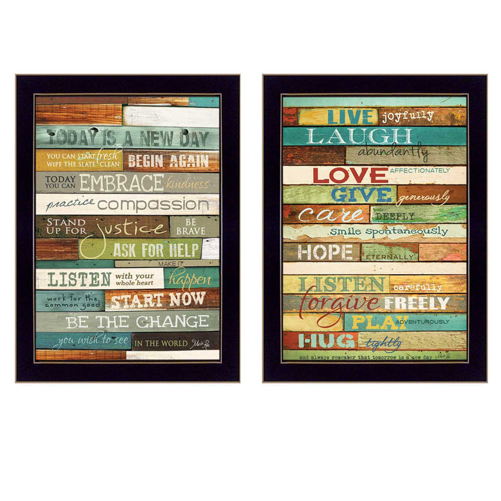 Set Of Two Today is a New Day Faux Wood Slat Black Framed Print Wall Art