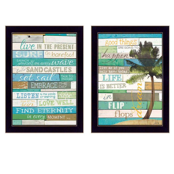 Set Of Two Live In The Moment Beachy Black Framed Print Wall Art