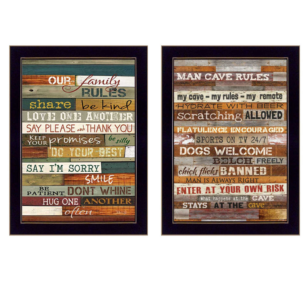 Set Of Two Family and Man Cave Rules 1 Black Framed Print Wall Art