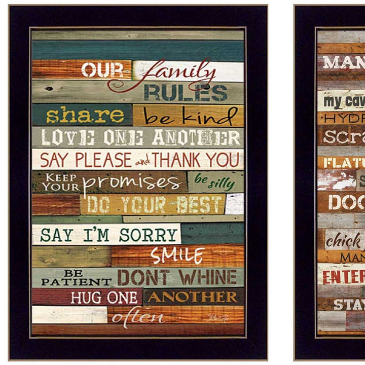 Set Of Two Family and Man Cave Rules 1 Black Framed Print Wall Art