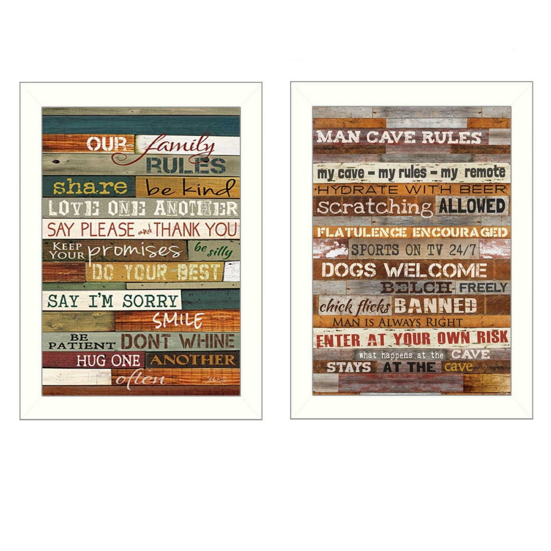 Set Of Two Family and Man Cave Rules 2 White Framed Print Wall Art