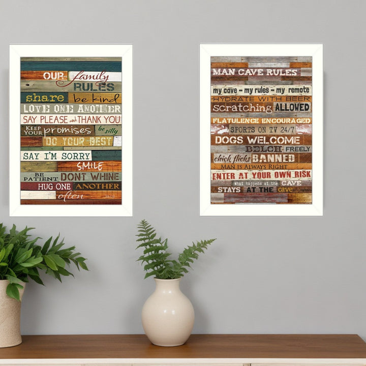 Set Of Two Family and Man Cave Rules 2 White Framed Print Wall Art