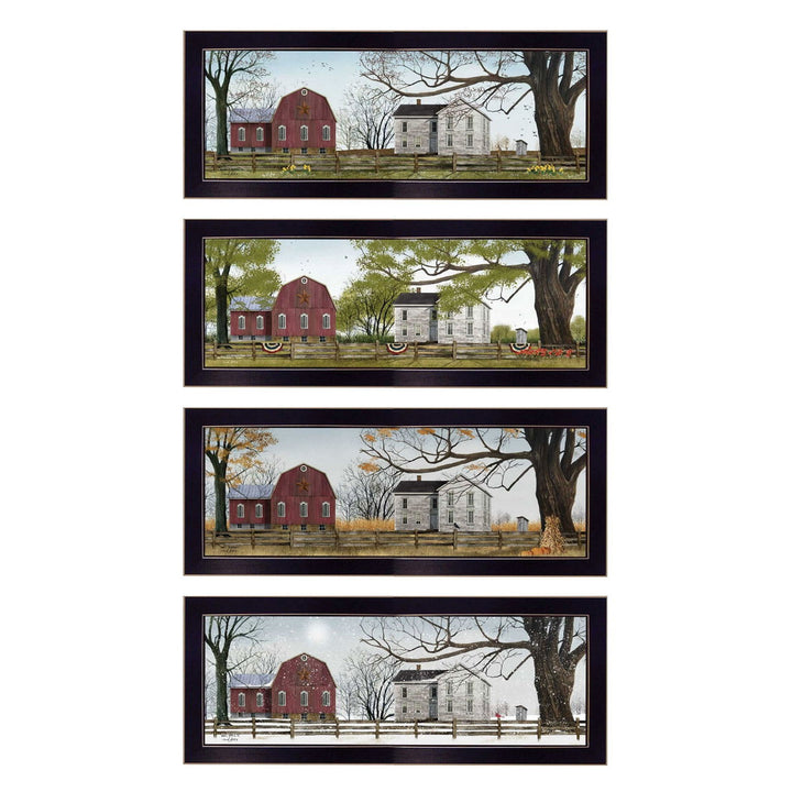 Set Of Four Red Barn For The Season Black Framed Print Wall Art