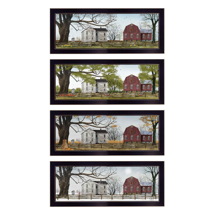 Set Of Four Red Barn For The Season Black Framed Print Wall Art