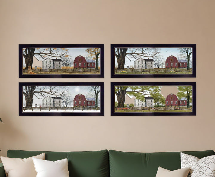 Set Of Four Red Barn For The Season Black Framed Print Wall Art