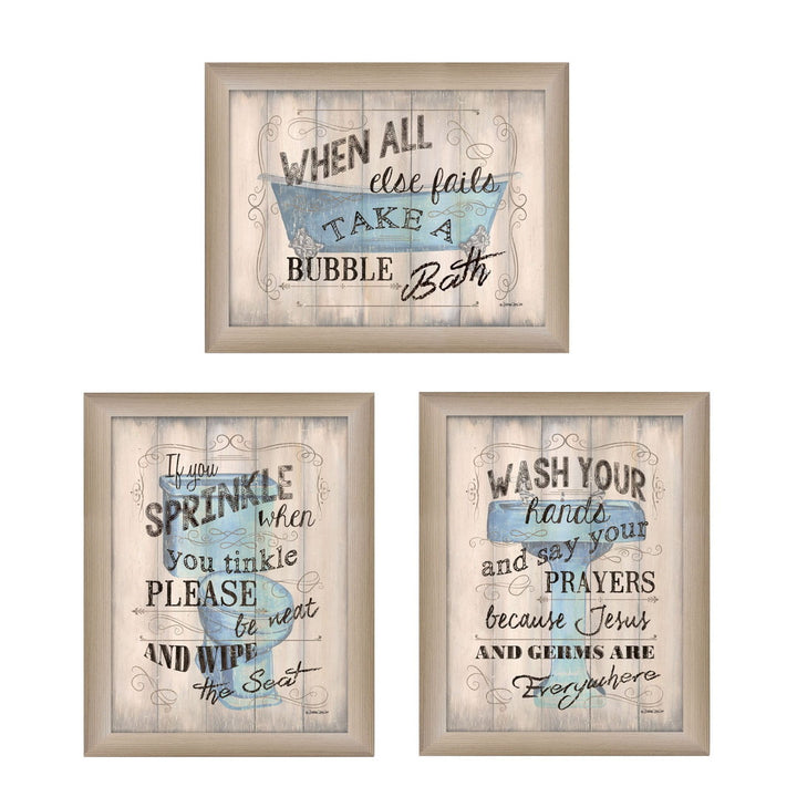 Set Of Three Humorous Brown Framed Print Bathroom Wall Art