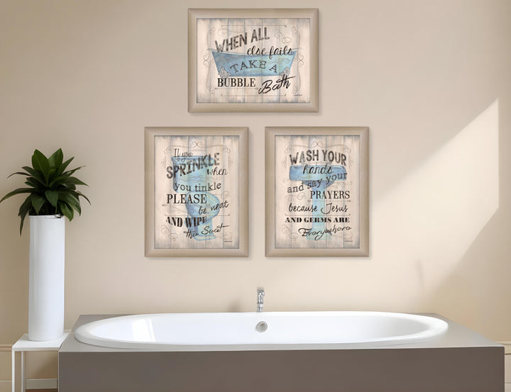 Set Of Three Humorous Brown Framed Print Bathroom Wall Art