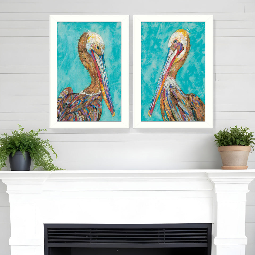 Set Of Two Pelicans White Framed Print Wall Art