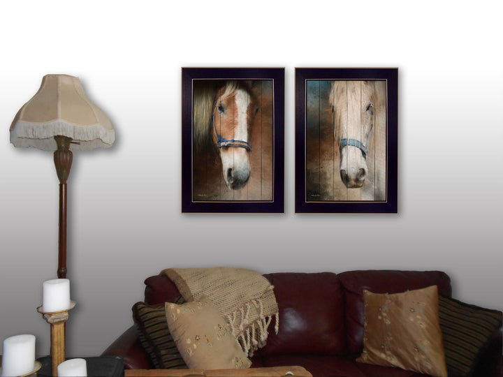 Set Of Two Two Horses Black Framed Print Wall Art