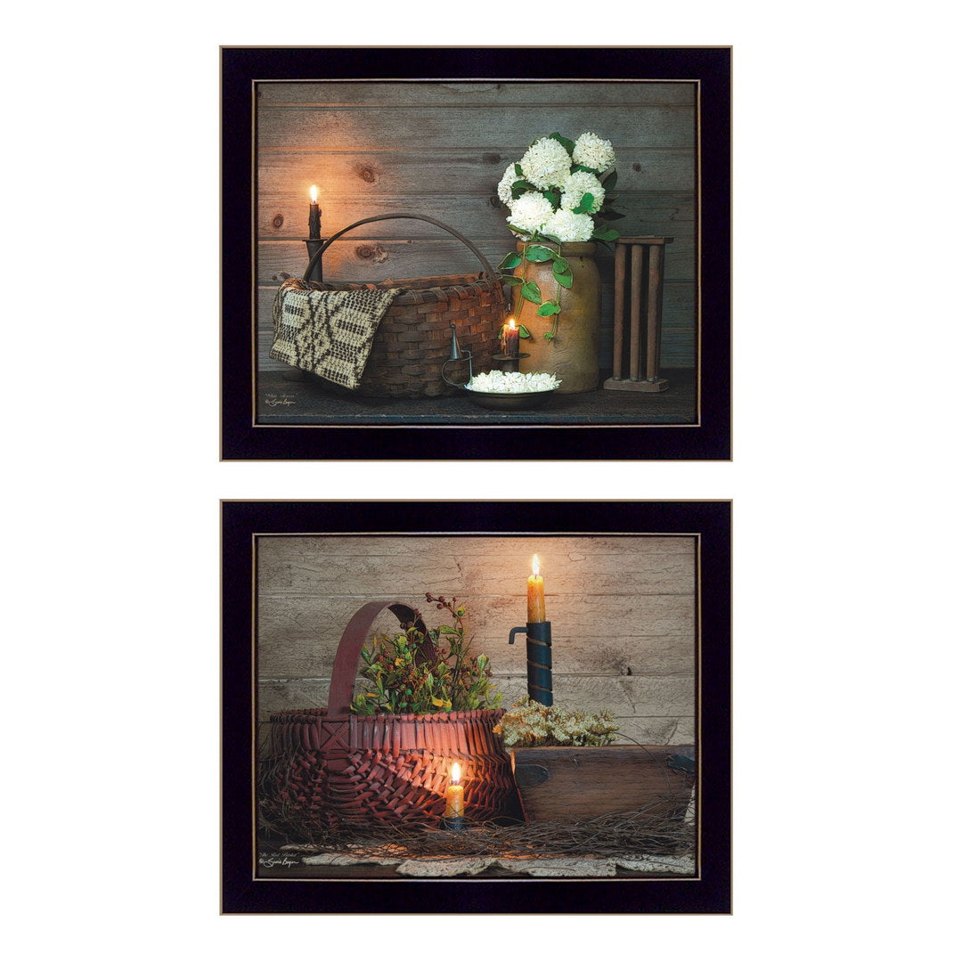 Set Of Two Baskets and Flowers Black Framed Print Wall Art