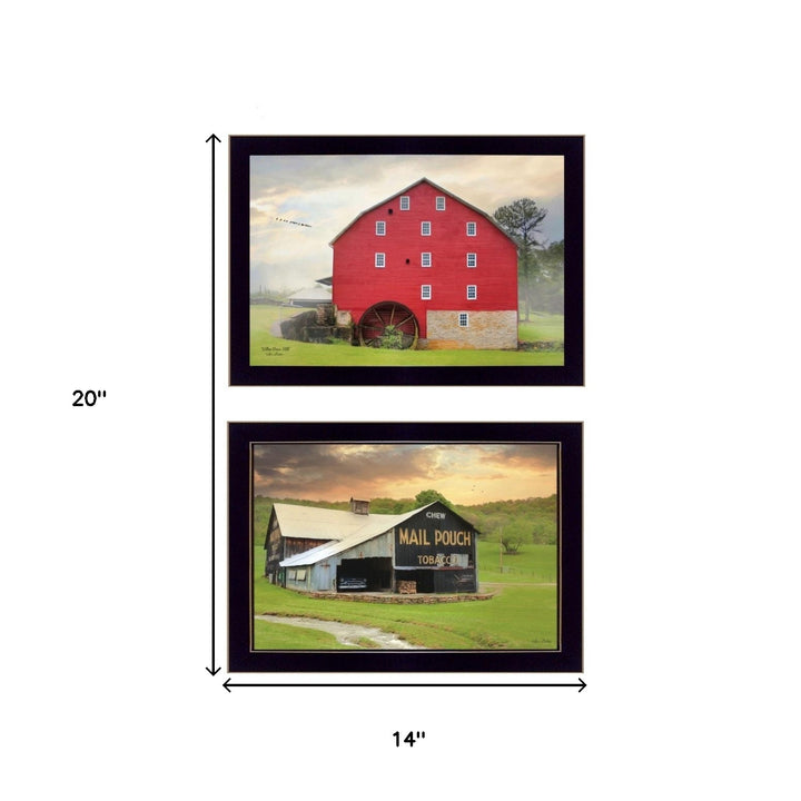 Set Of Two Mail Pouch Red Barn and Mill  Black Framed Print Wall Art