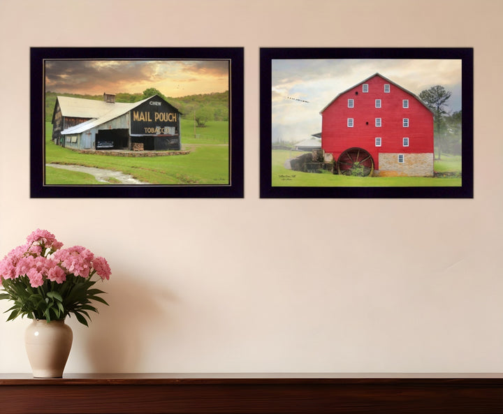 Set Of Two Mail Pouch Red Barn and Mill  Black Framed Print Wall Art