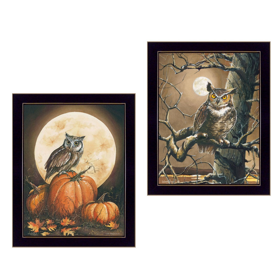 Set Of Two Autumn Owls Black Framed Print Wall Art