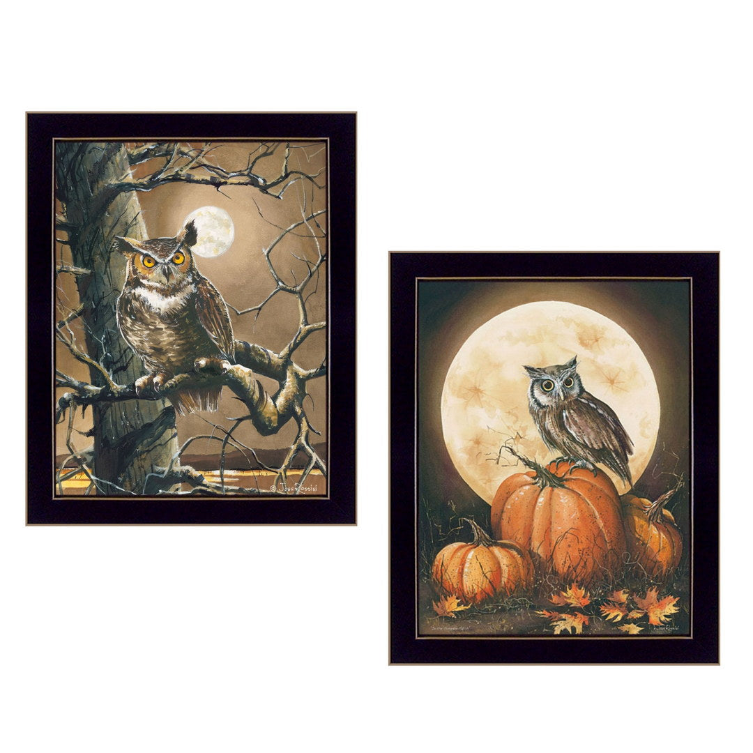 Set Of Two Autumn Owls Black Framed Print Wall Art