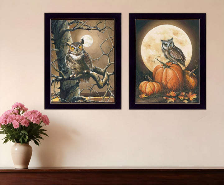 Set Of Two Autumn Owls Black Framed Print Wall Art