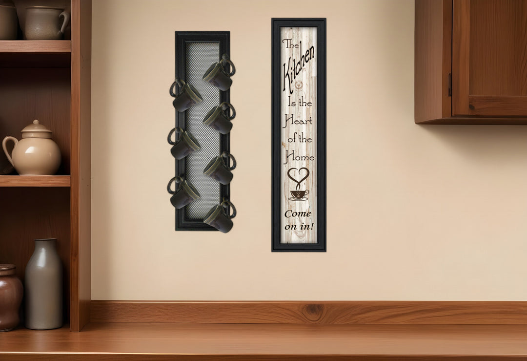 Set Of Two Come On In with Seven Peg Mug Rack 1 Black Framed Print Kitchen Wall Art