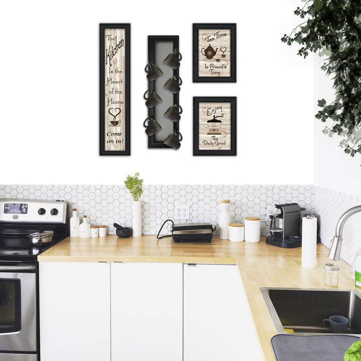 Set Of Four Kitchen Collection V with Seven Peg Mug Rack 2 Black Framed Print Kitchen Wall Art