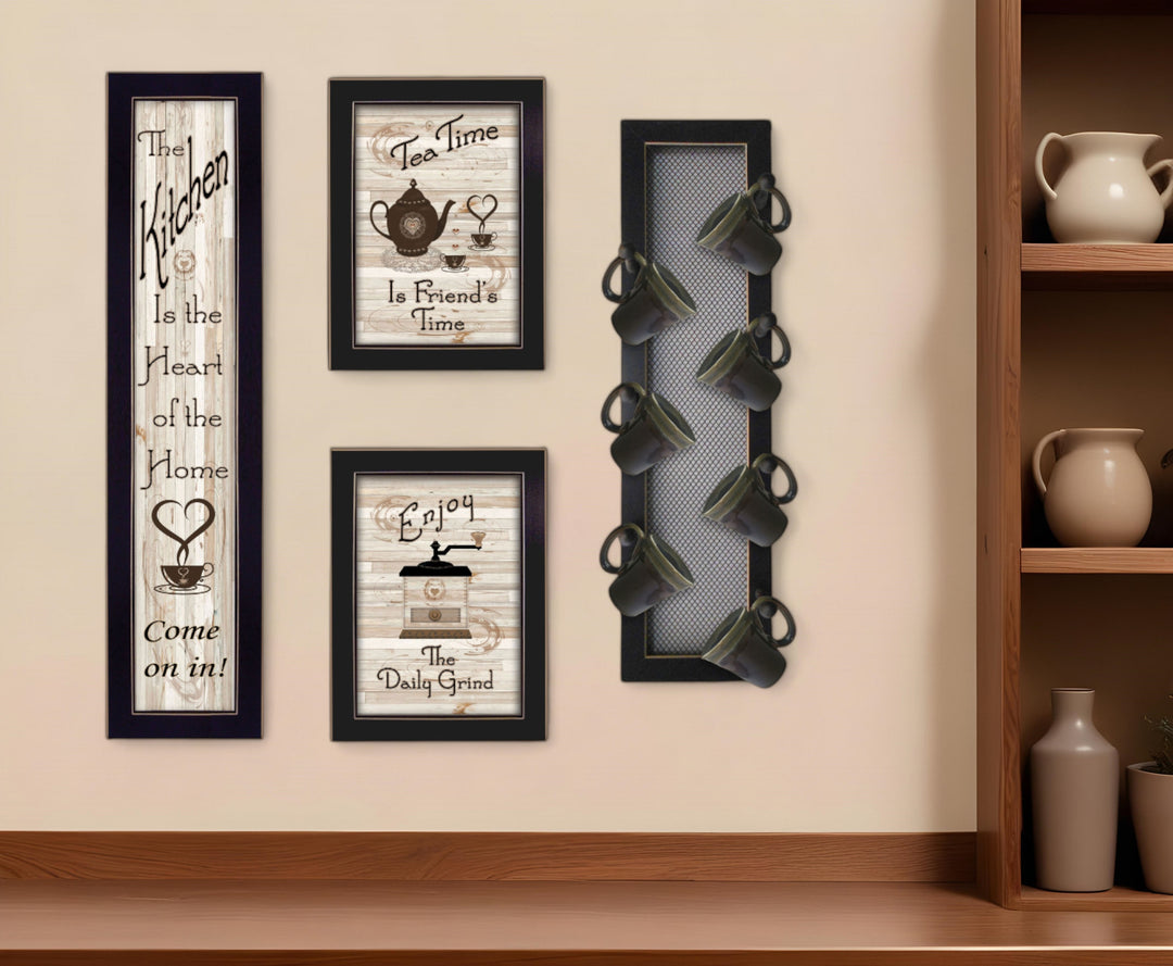 Set Of Four Kitchen Collection V with Seven Peg Mug Rack 3 Black Framed Print Kitchen Wall Art