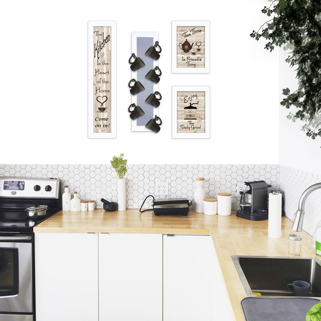 Set Of Four Kitchen Collection V with Seven Peg Mug Rack 3 Black Framed Print Kitchen Wall Art