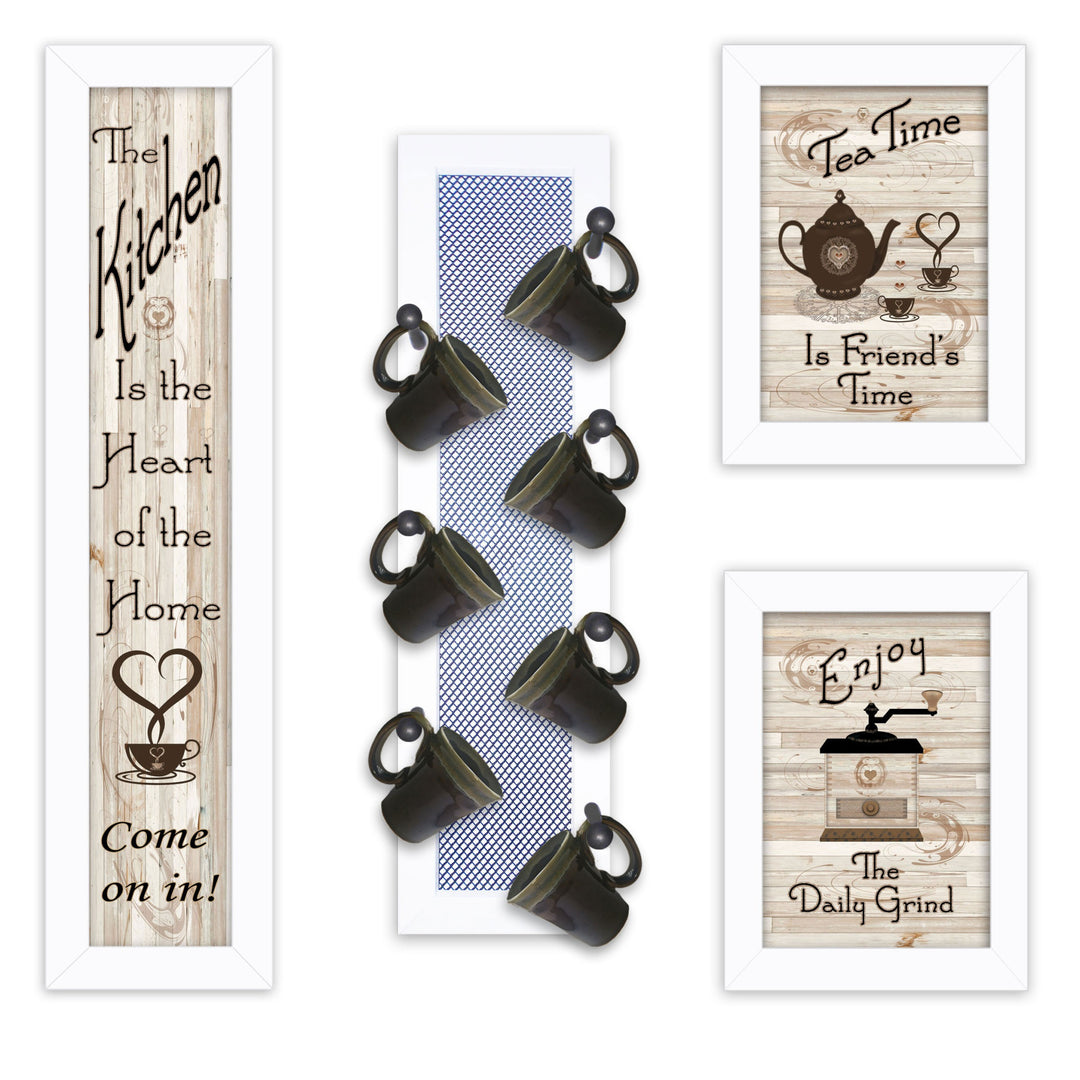 Set Of Four Kitchen Collection V with Seven Peg Mug Rack 3 Black Framed Print Kitchen Wall Art