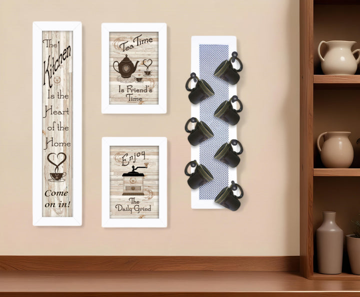 Set Of Four Kitchen Collection V with Seven Peg Mug Rack 3 Black Framed Print Kitchen Wall Art