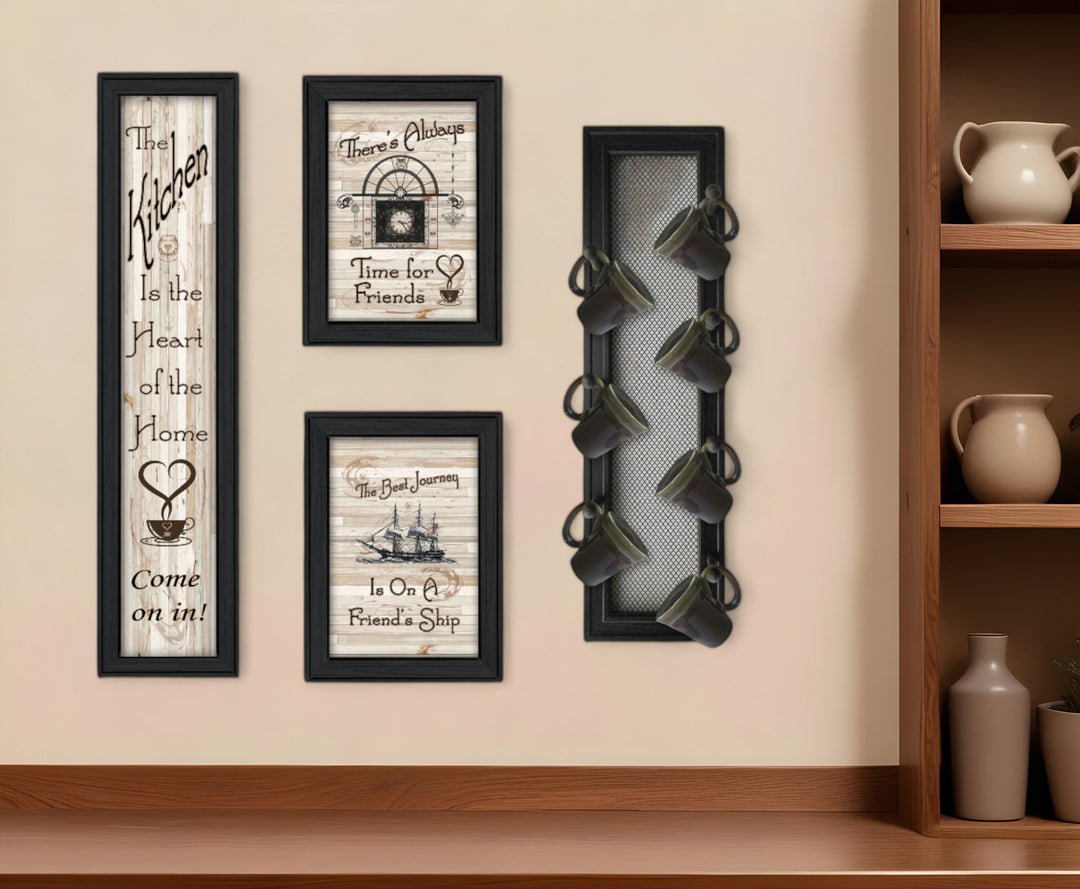 Set Of Four Kitchen Collection VII with Seven Peg Mug Rack 2 Black Framed Print Kitchen Wall Art