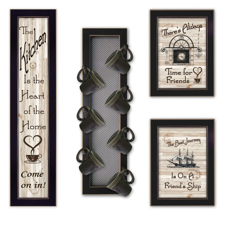 Set Of Four Kitchen Collection VII with Seven Peg Mug Rack 3 Black Framed Print Kitchen Wall Art