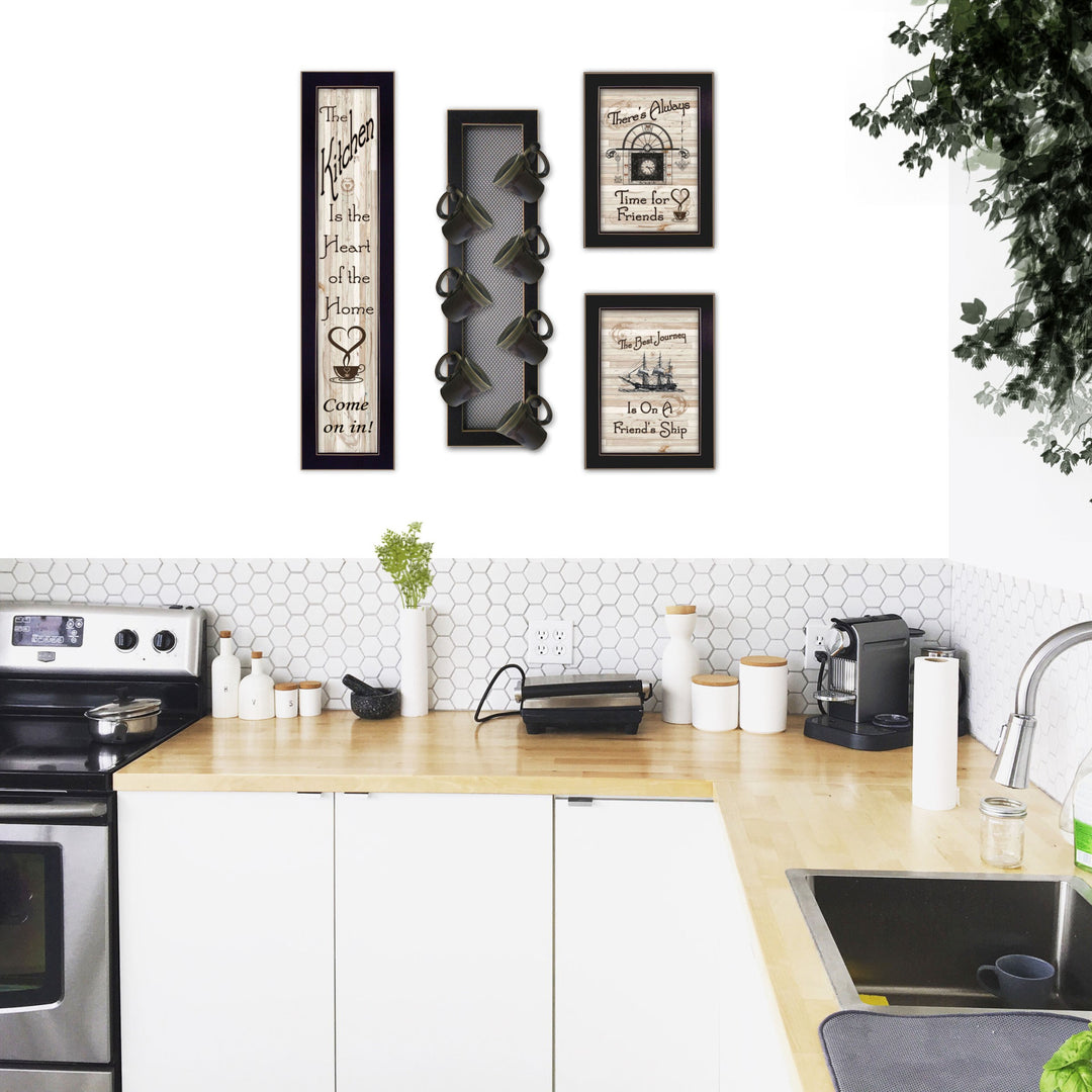 Set Of Four Kitchen Collection VII with Seven Peg Mug Rack 3 Black Framed Print Kitchen Wall Art