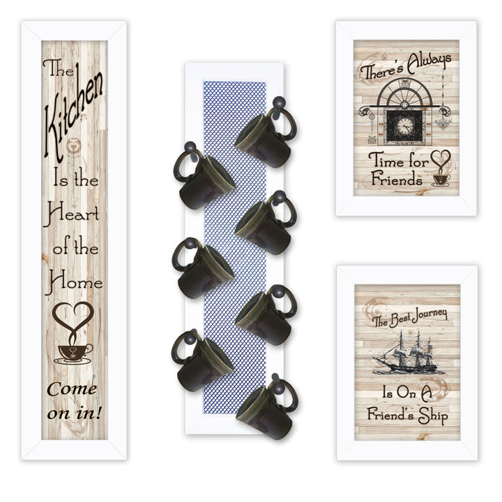 Set Of Four Kitchen Collection VII with Seven Peg Mug Rack 2 Black Framed Print Kitchen Wall Art