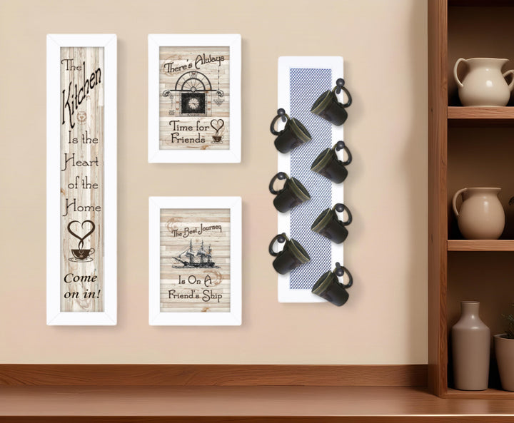 Set Of Four Kitchen Collection VII with Seven Peg Mug Rack 2 Black Framed Print Kitchen Wall Art