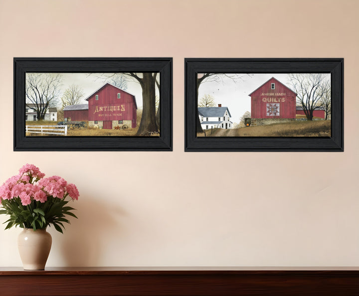 Set Of Two Antique Barn and Quilt Barn Black Framed Print Wall Art