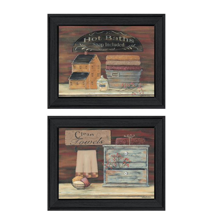 Set Of Two Hot Bath or Clean Towels Black Framed Print Bathroom Wall Art