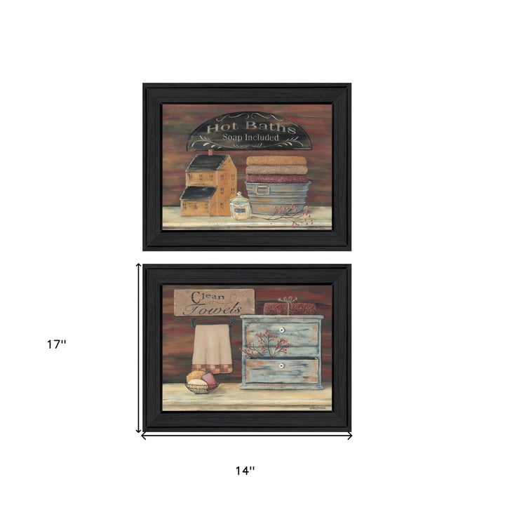 Set Of Two Hot Bath or Clean Towels Black Framed Print Bathroom Wall Art