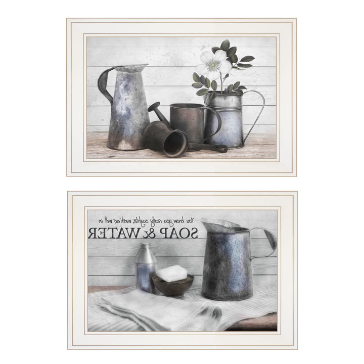 Set Of Two Soap or Floral 1 White Framed Print Bathroom Wall Art