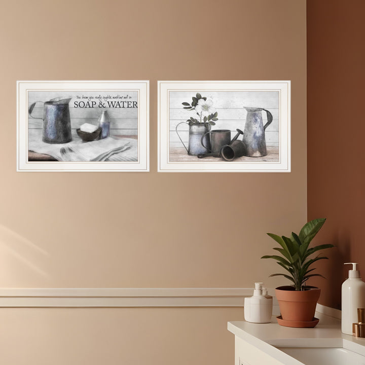 Set Of Two Soap or Floral 1 White Framed Print Bathroom Wall Art