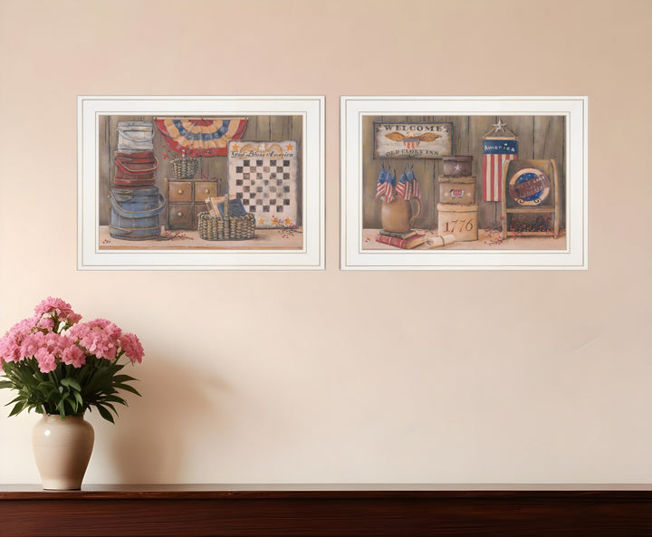 Set Of Two God Bless or Sweet Land 1 White Framed Print Wall Art