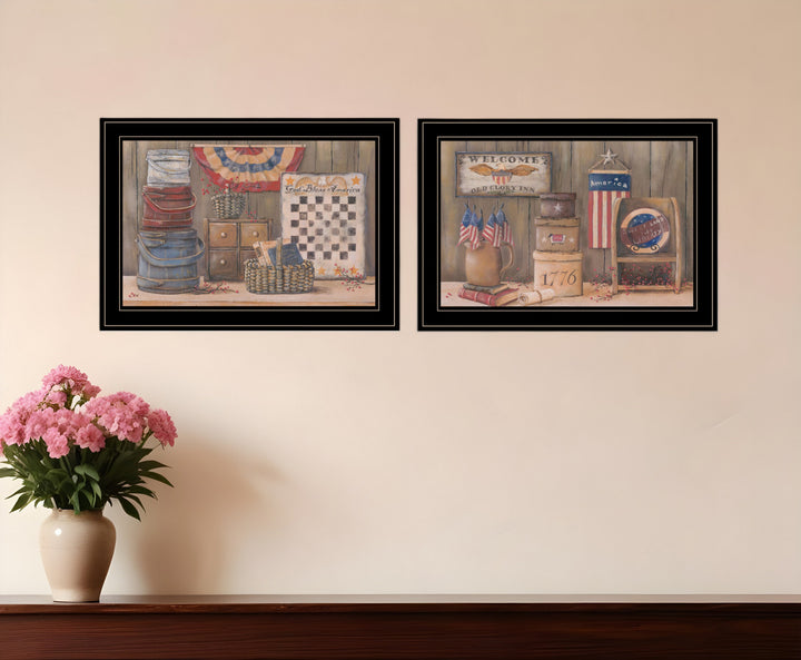 Set Of Two God Bless or Sweet Land 2 Black Framed Print Wall Art