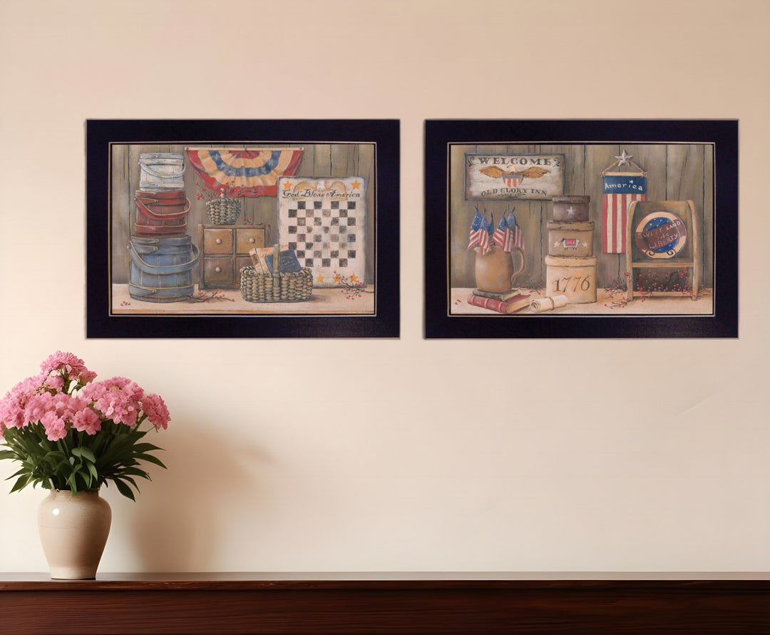 Set Of Two God Bless or Sweet Land 3 Black Framed Print Wall Art