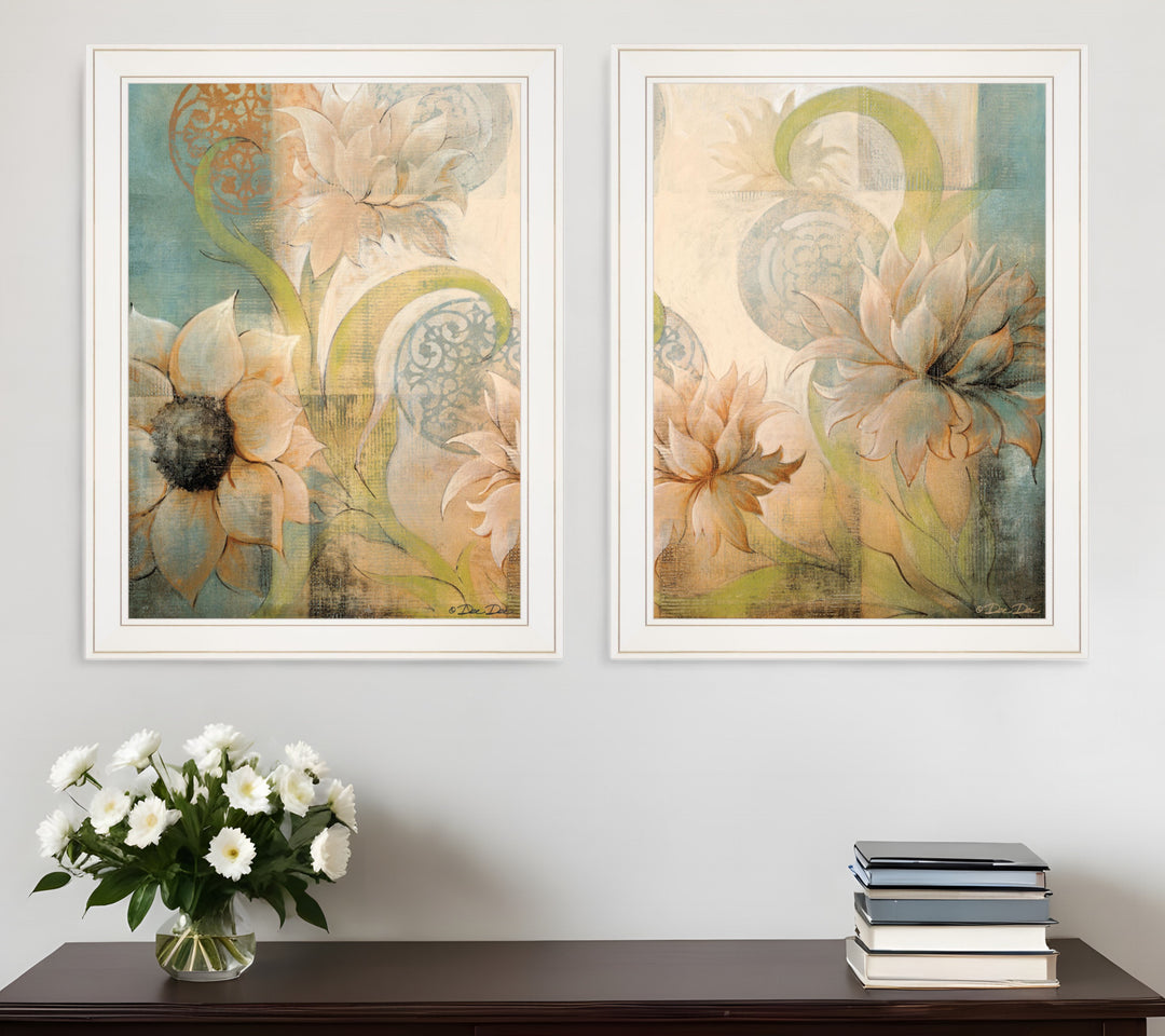 Set Of Two Meandering Flowers I and II 1 White Framed Print Wall Art