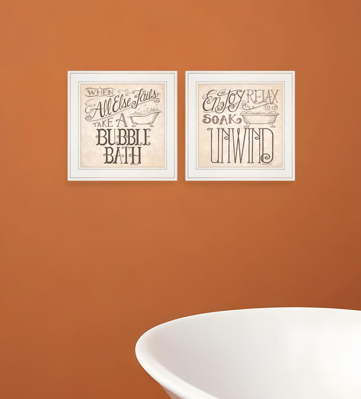 Set Of Two Soak and Unwind 2 White Framed Print Bathroom Wall Art