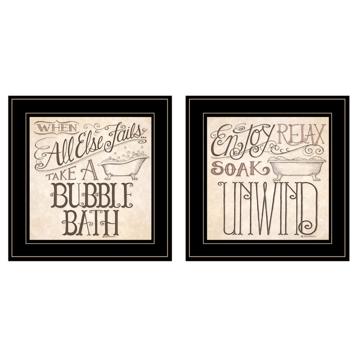 Set Of Two Soak and Unwind 3 Black Framed Print Bathroom Wall Art